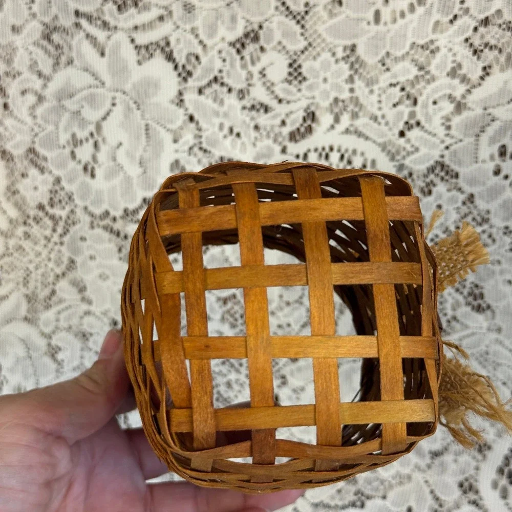 Rustic Brown Woven Wood Splint Hanging Basket with Burlap Bow & Bells Primitive